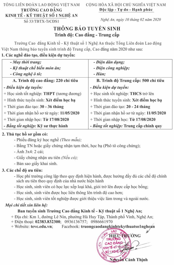 Thông tin tuyển sinh Trường Cao đẳng nghề Kinh tế - Kỹ thuật số 1 Nghệ An