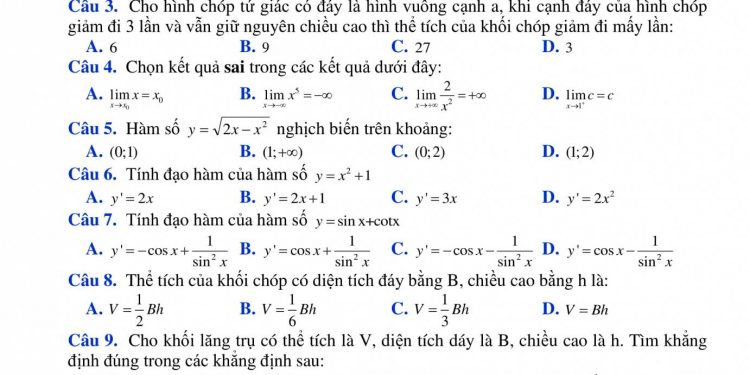 Đề thi thử tốt nghiệp THPT 2021 môn Toán  lần 1 (có đáp án)