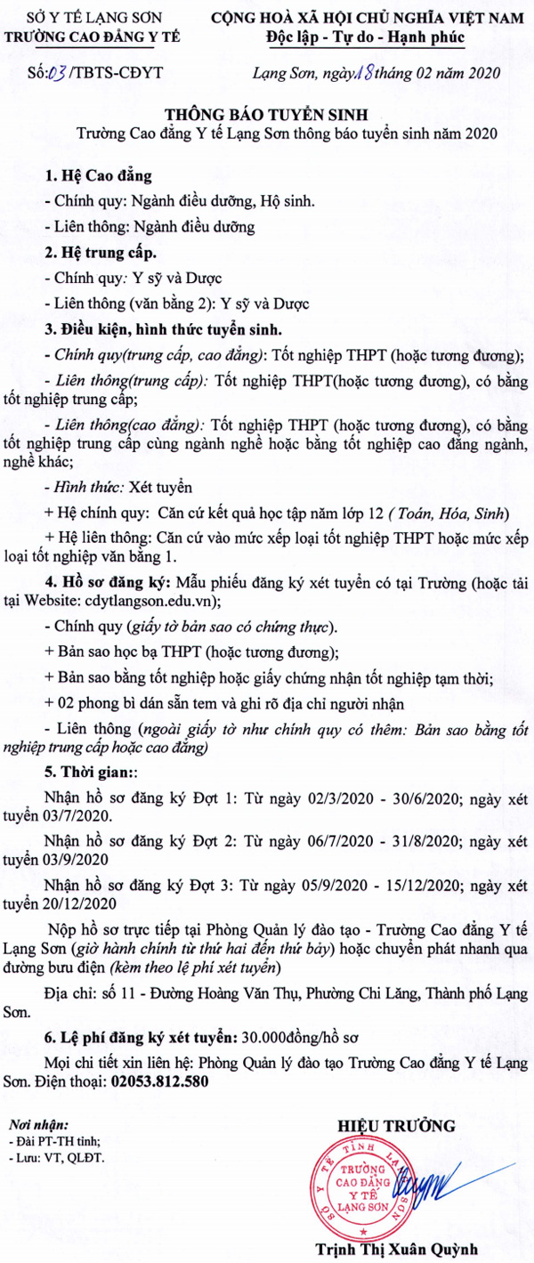 thông báo tuyển sinh trường cao đẳng y tế Lạng Sơn