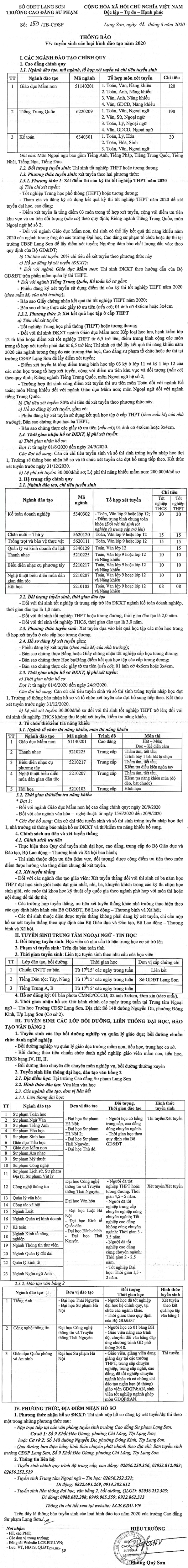 thông báo tuyển sinh trường cao đẳng sư phạm Lạng Sơn