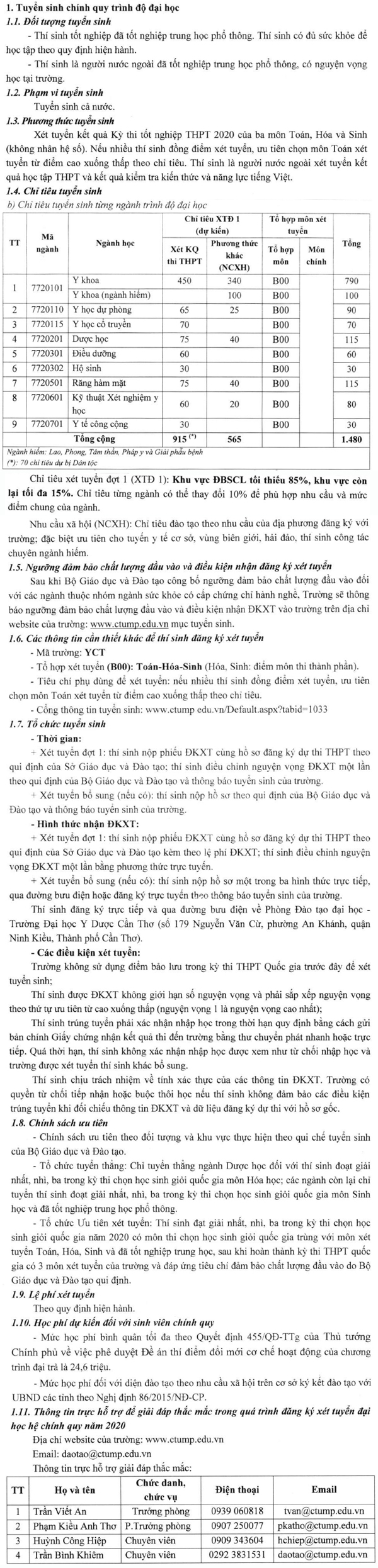 Thông báo tuyển sinh Trường Đại học Y dược Cần Thơ