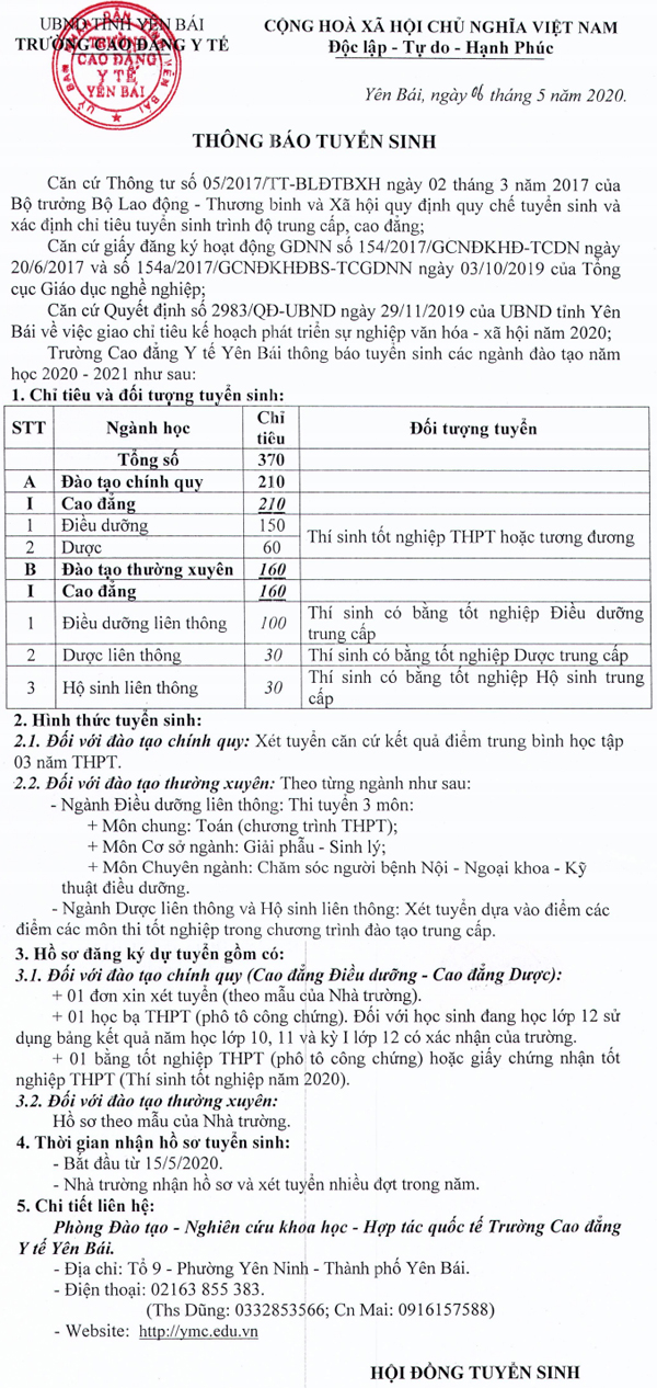 thông báo tuyển sinh trường cao đẳng y tế Yên Bái