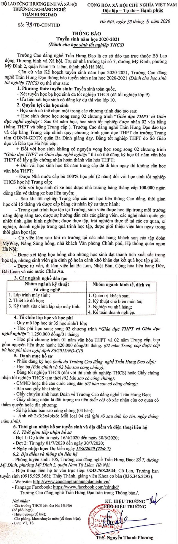 Thông báo tuyển sinh trường cao đẳng nghề Trần Hưng Đạo