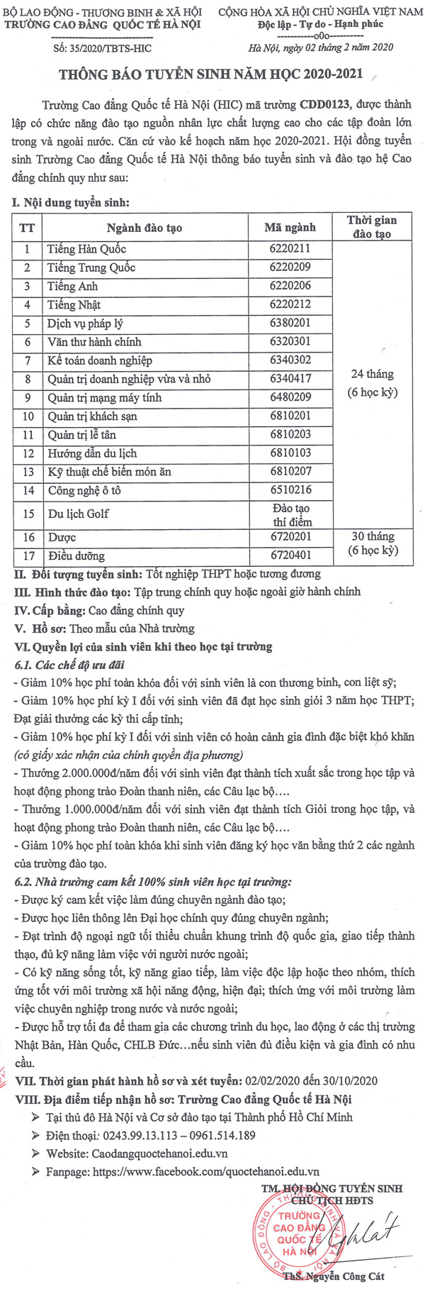 Thông báo tuyển sinh Trường Cao Đẳng Quốc Tế Hà Nội