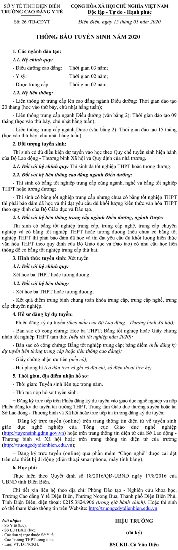 thông báo tuyển sinh của Trường Cao đẳng y tế Điện Biên