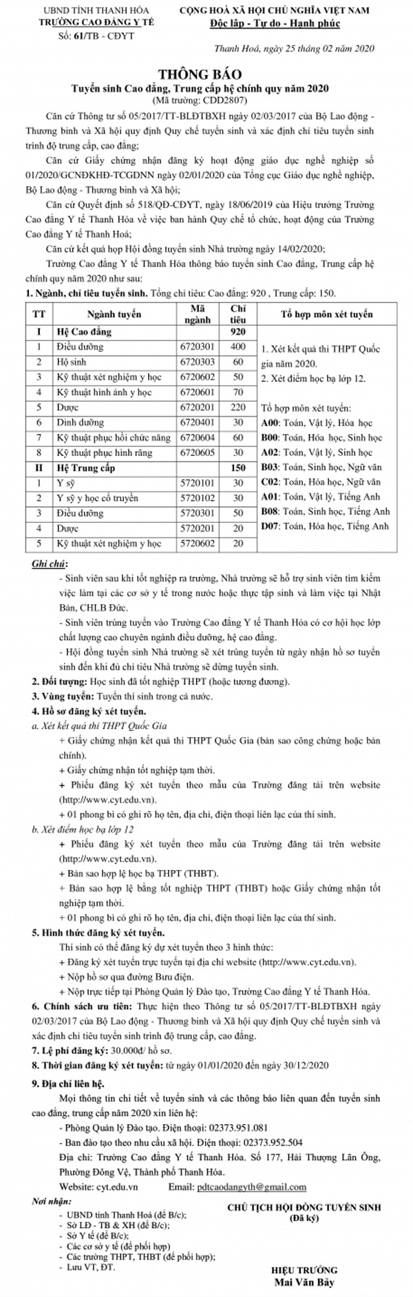 ảnh thông báo tuyển sinh trường cao đẳng y tế thanh hóa