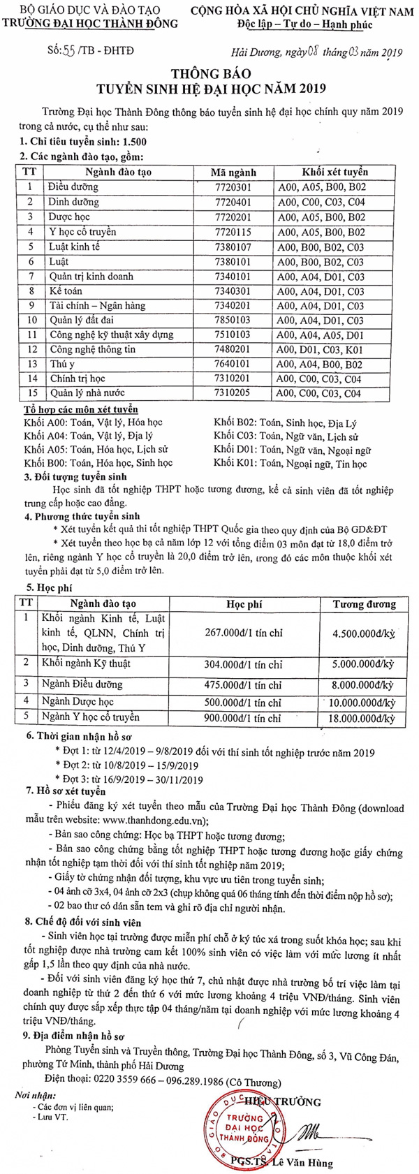 Ảnh thông báo tuyển sinh trường đại học Thành Đông