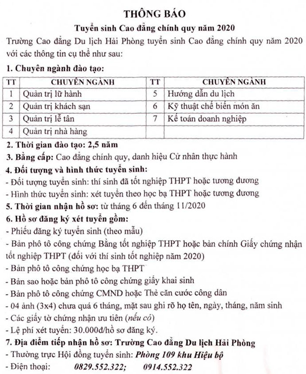 Ảnh thông tin tuyển sinh trường cao đẳng du lịch hải phòng