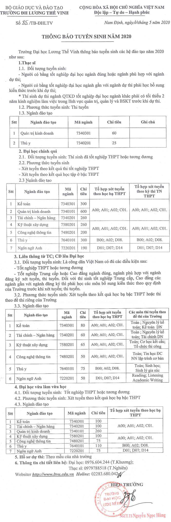 Ảnh thông tin tuyển sinh trường đại học dân lập lương thế vinh